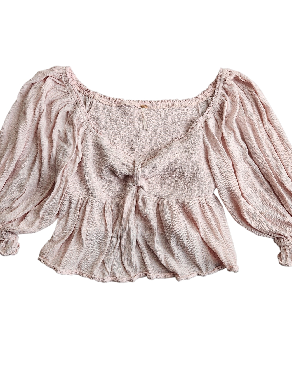 Free People Brittnee Puff Sleeve Peplum Top XL Pink Smocked Romantic Cottagecore